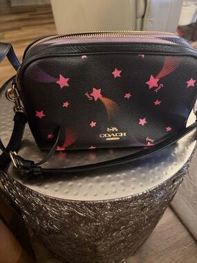 Coach Black Leather Crossbody with Pink and Purple Star Print